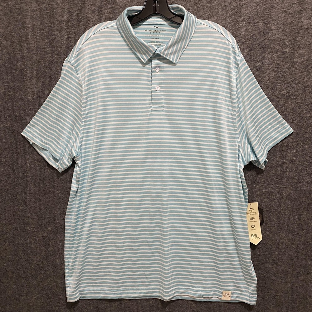 Rorie Whelan Polo Shirt Mens XL Blue Striped Golf Performance Wicking UPF 50 NWT